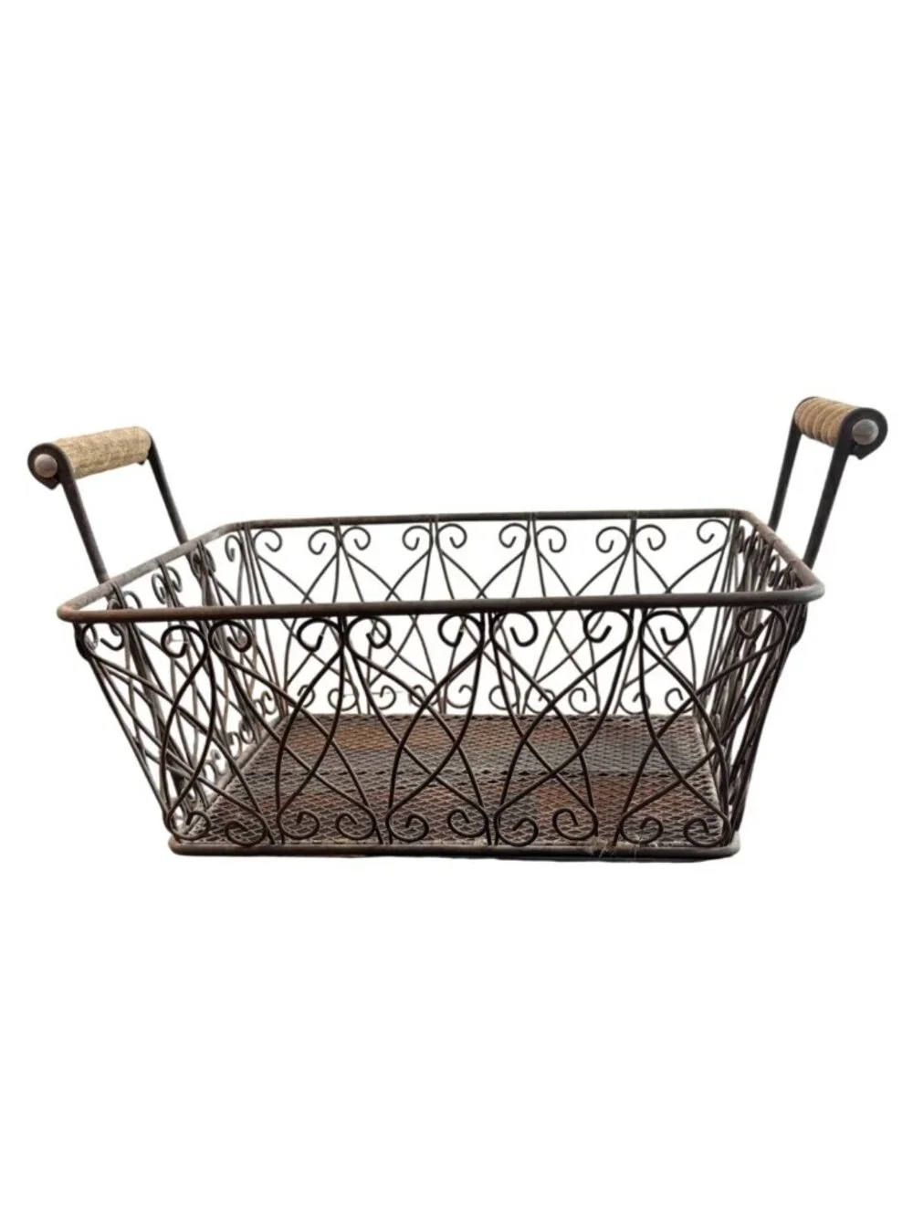 Vintage Rustic Wire Scroll Storage Basket Primitives wood handles